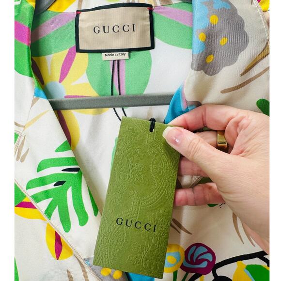 NWT Gucci Silk Tan Pink Blue Multi Floral Leaf Printed Blouse 46 / XL - Picture 9 of 16